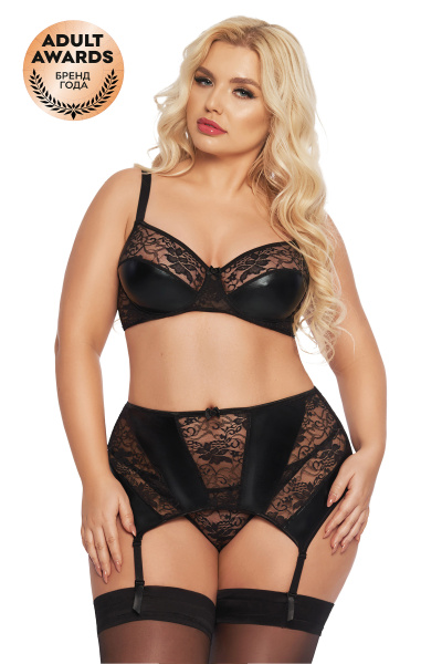 Комплект открытый SoftLine Collection Joana (бюстгальтер, пояс с пажами для чулок и стринги), черный